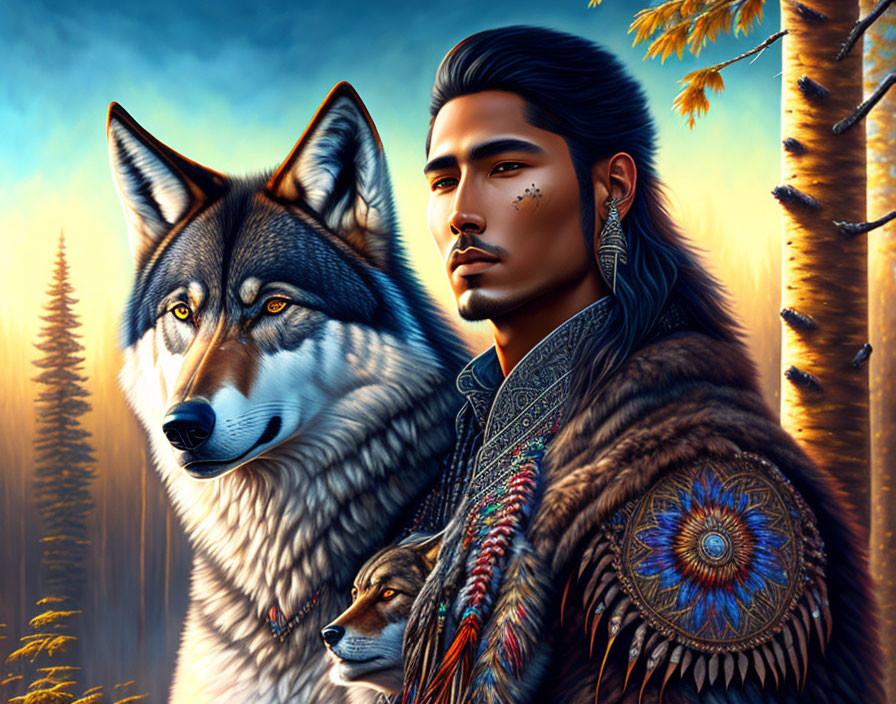 Digital artwork of man with indigenous features and wolf in forest setting