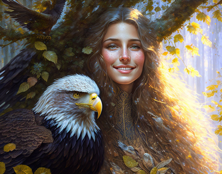 Smiling woman with long hair and bald eagle in autumn forest landscape