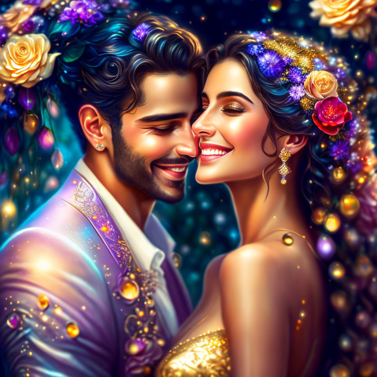 Vibrant digital painting of smiling couple embracing