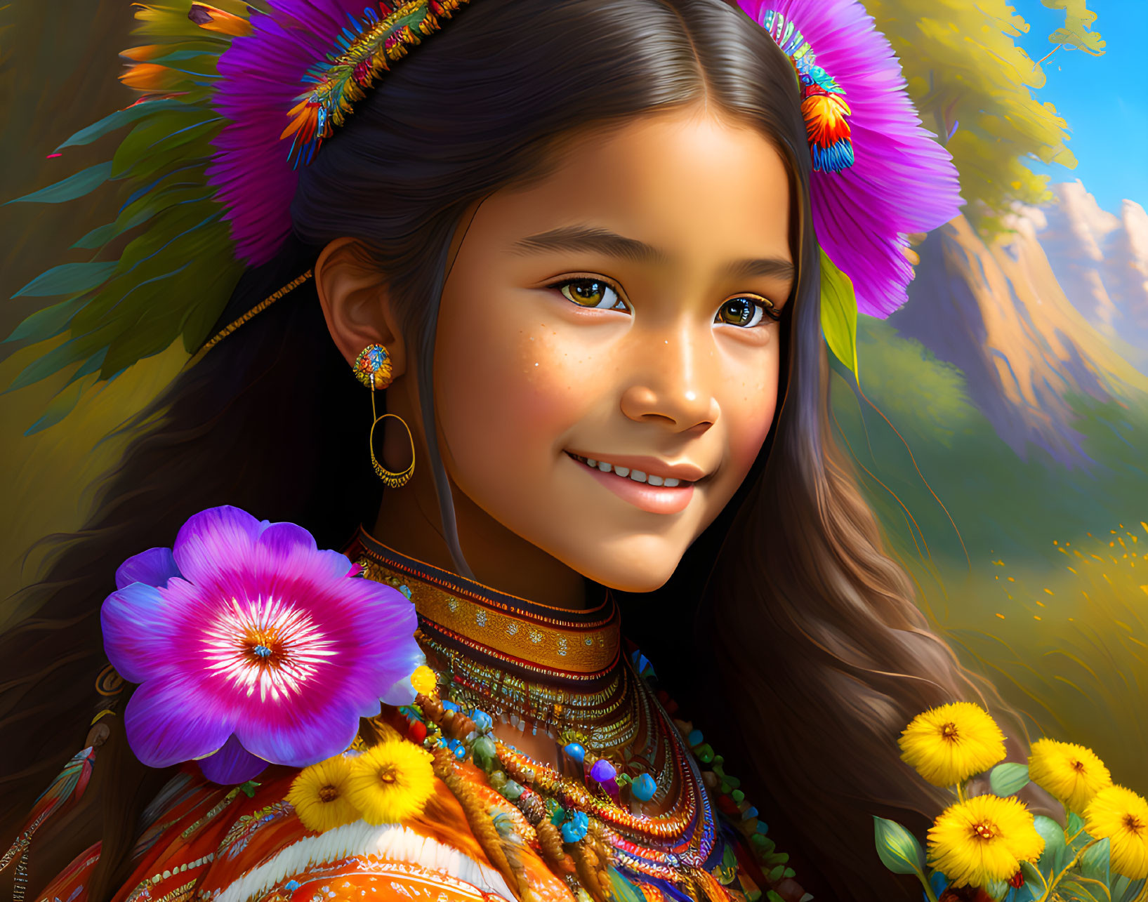 Smiling girl in traditional attire with flowers, mountain landscape