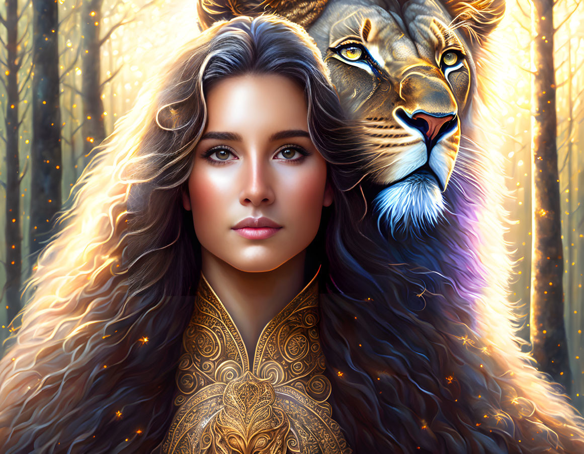 Digital artwork: Woman with wavy hair and lion's face in illuminated forest