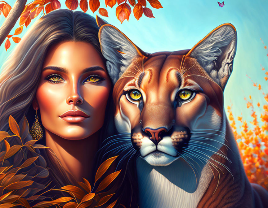 Digital artwork: Woman's face fused with feline, autumn backdrop with orange leaves