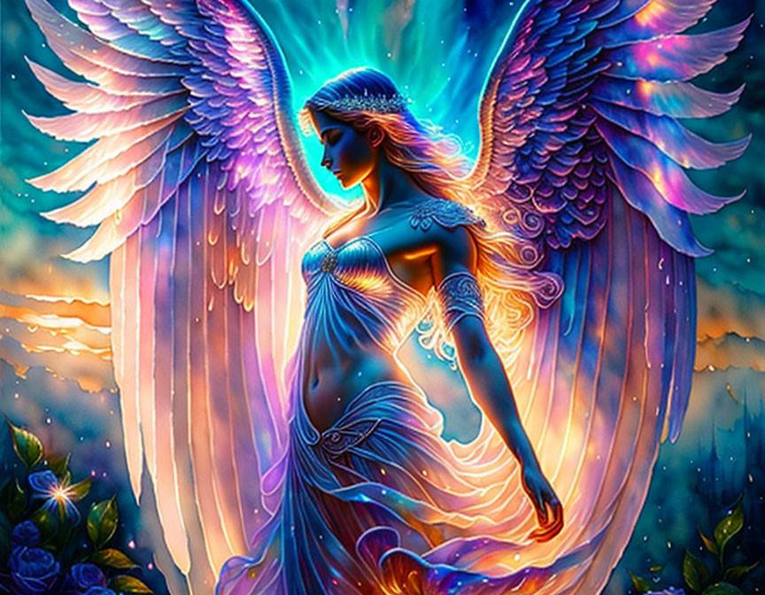 Ethereal winged being in glowing blue attire on vibrant sunset backdrop