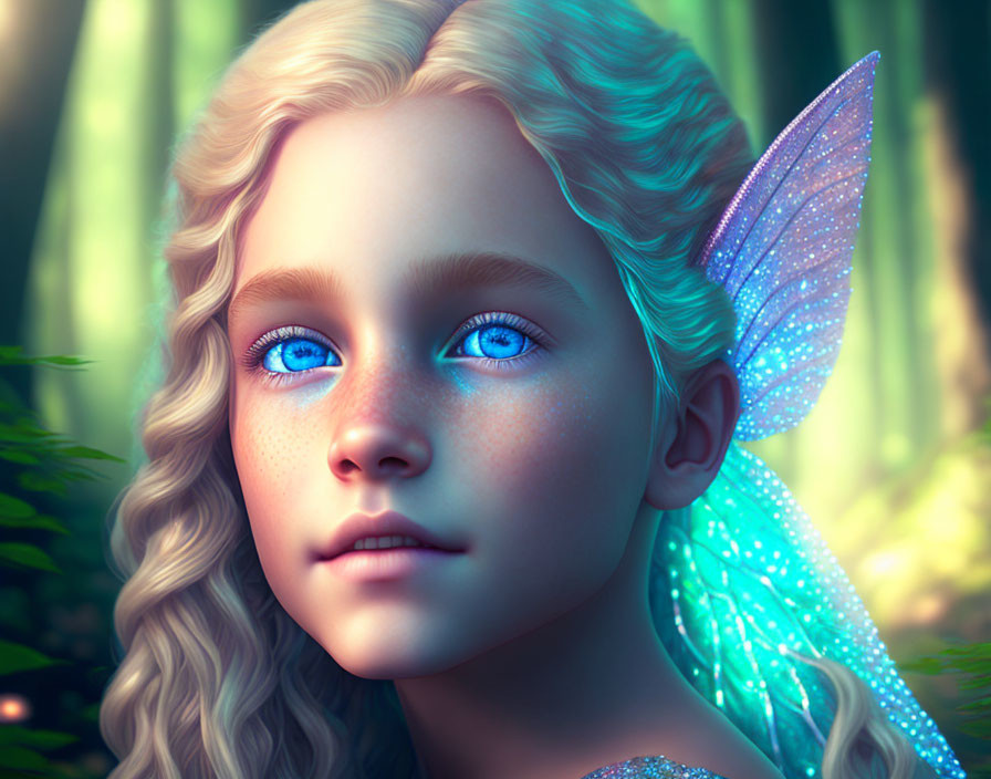 Digitally created girl with blue eyes, blonde hair, fairy wings in mystical forest.