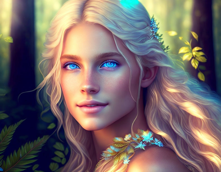 Fantasy female digital portrait with blue eyes and blond hair in forest setting