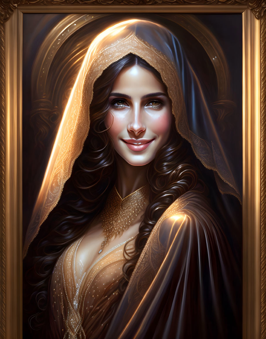 Smiling woman with dark hair in gold-embellished veil and gown portrait