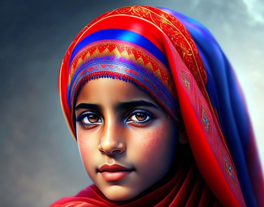 Vibrant digital portrait: young girl with dark eyes in red headscarf