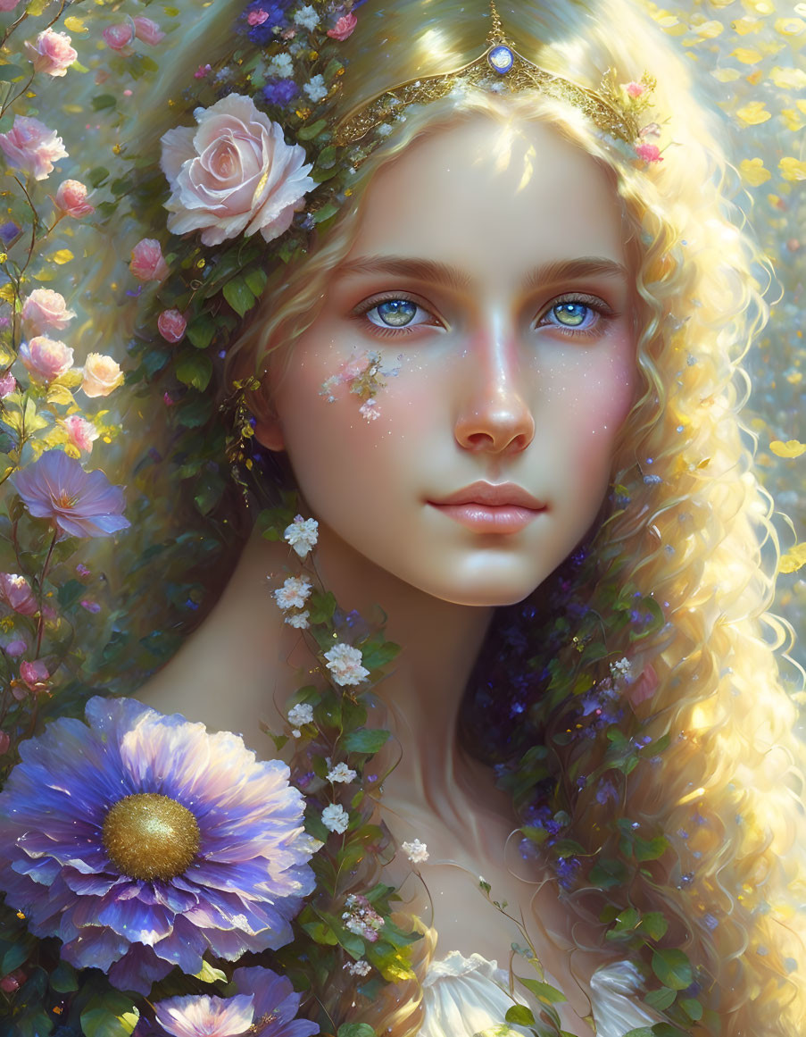 Portrait of Woman with Long Curly Hair and Floral Crown in Lush Flower Setting