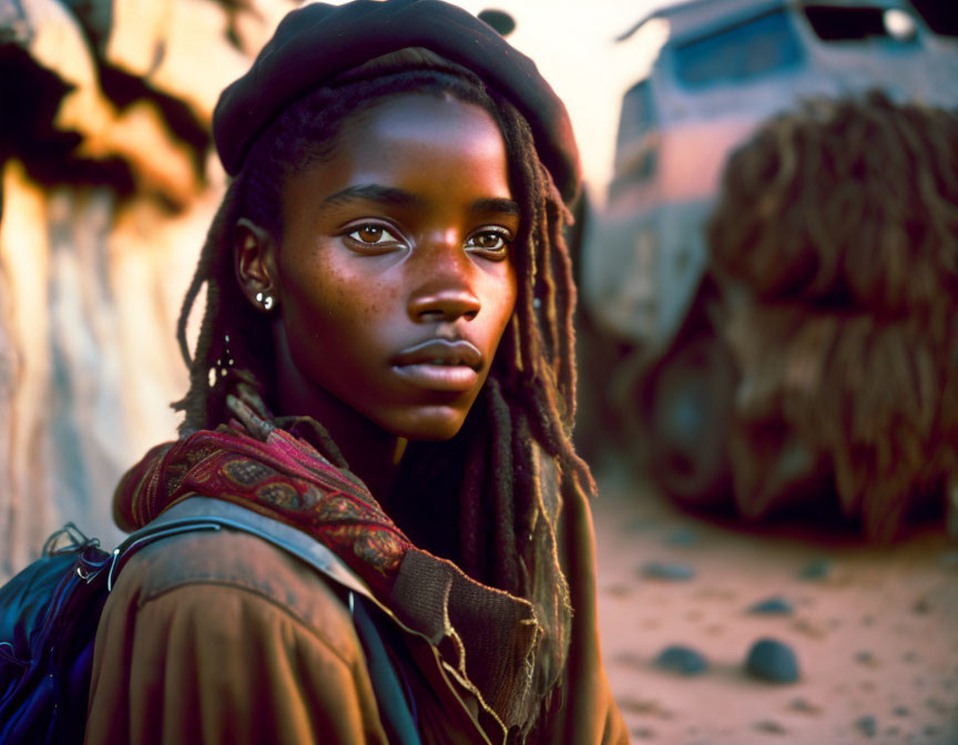 Young person with dreadlocks in beret and scarf, gazing in desert portrait