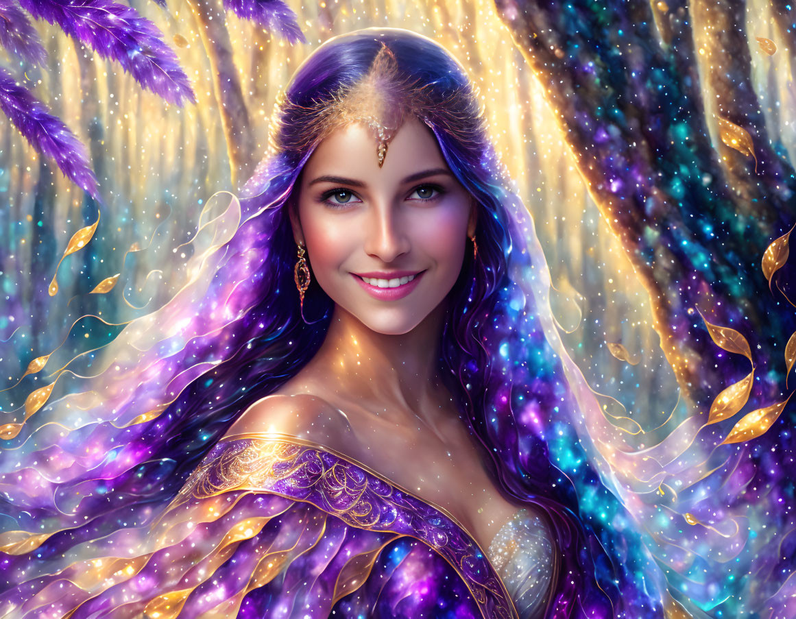 Captivating smile of a woman in purple cosmic cloak amid celestial light