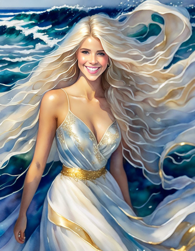 Blonde woman in fantasy ocean-themed attire