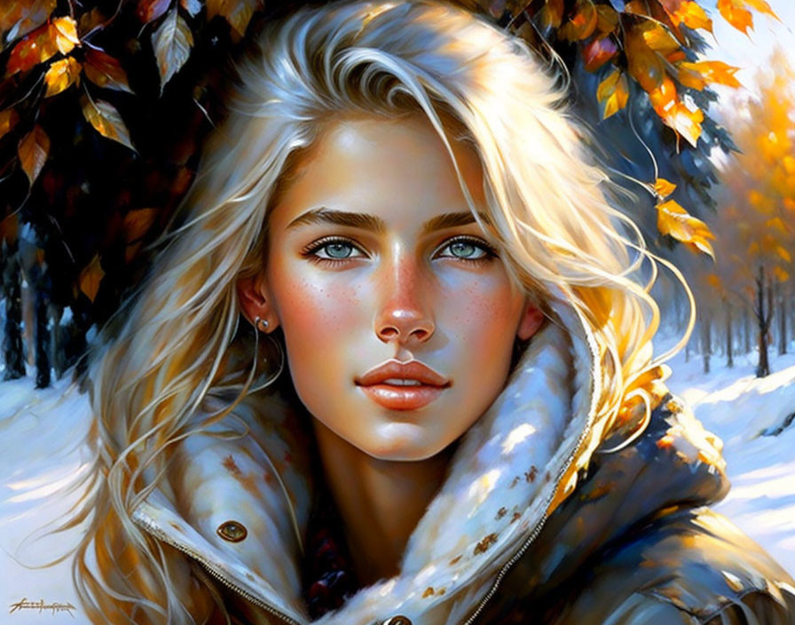 Young woman with blue eyes and blonde hair in winter coat against snowy autumn backdrop