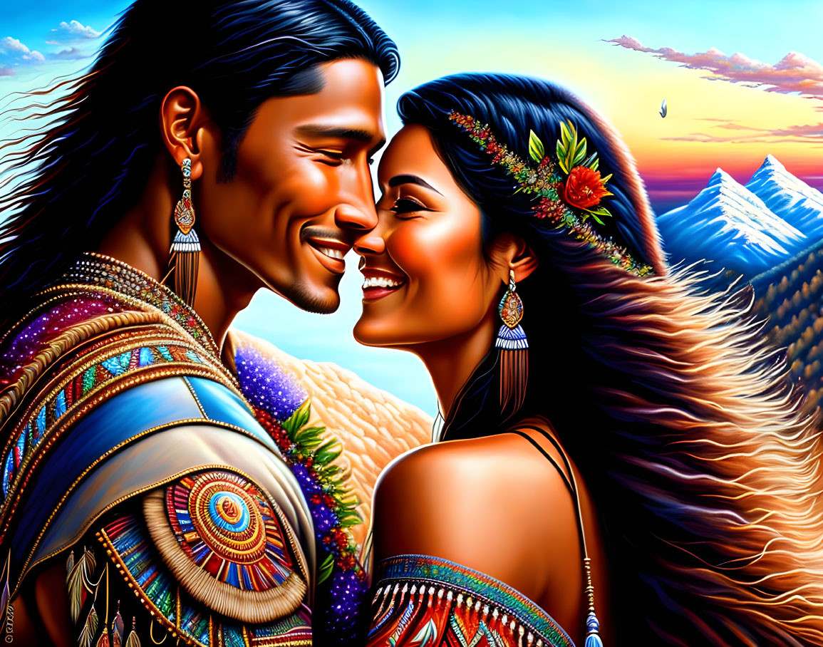 Colorful illustration: Smiling couple in indigenous attire with sunset and mountains