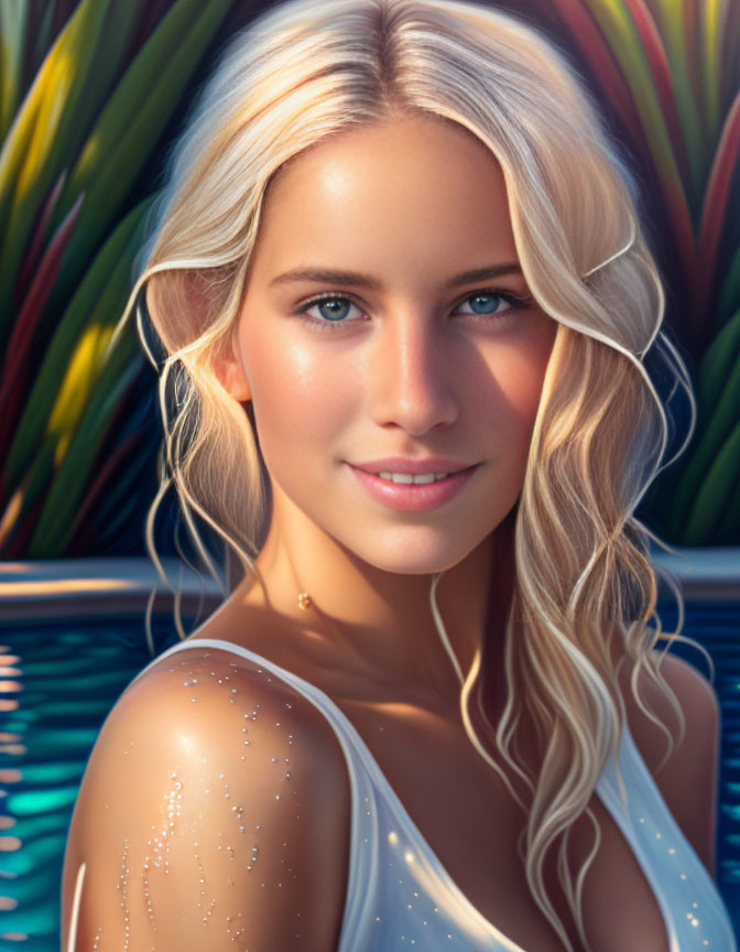 Smiling woman with blonde hair and blue eyes in tropical setting