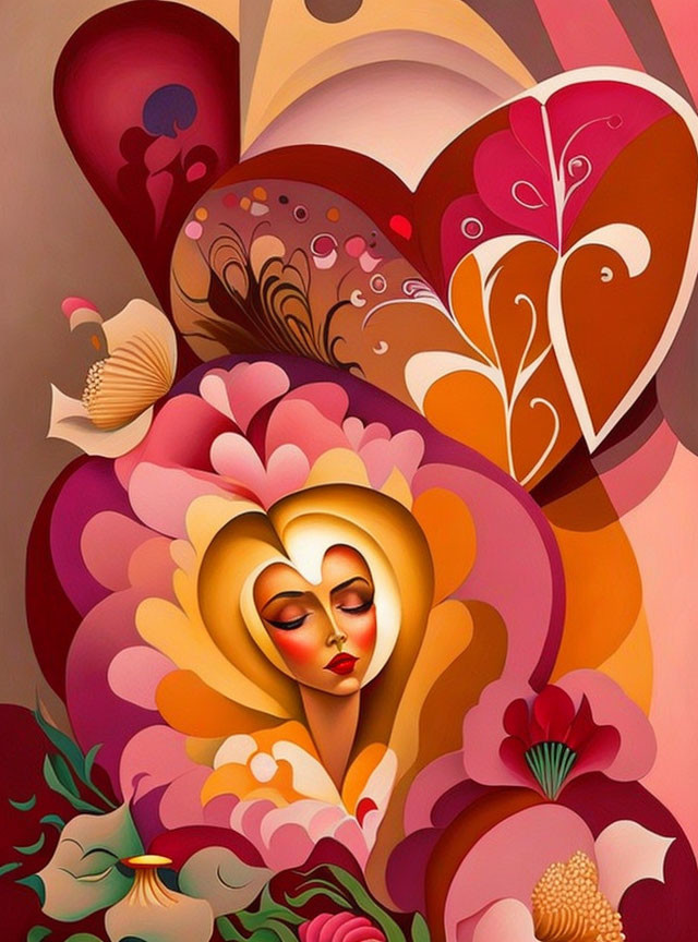 Colorful abstract female figure with floral and heart motifs in surreal background.