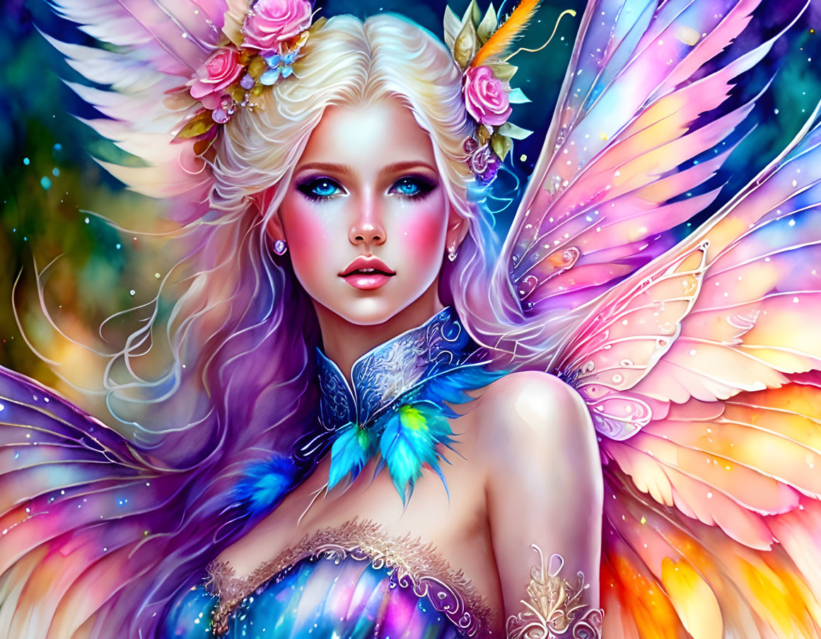 Vibrant fairy illustration with colorful wings and floral adornments