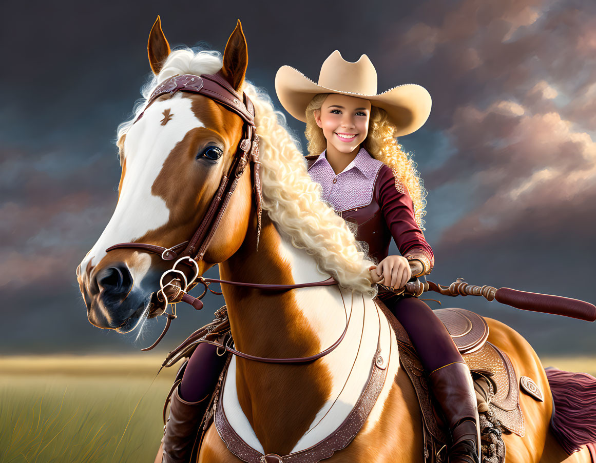 Smiling cowgirl on horseback in grassy field under dramatic sky