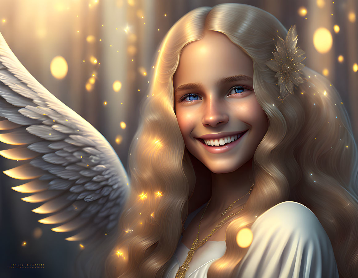 Blonde angel with white wings and star hairpin in glowing lights