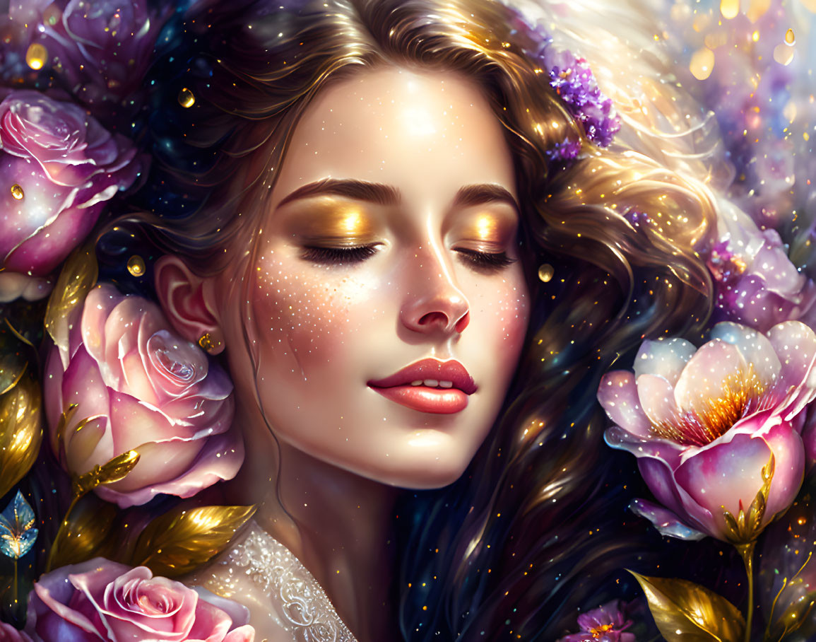 Digital artwork: Woman with golden makeup, pink flowers, star-adorned hair.