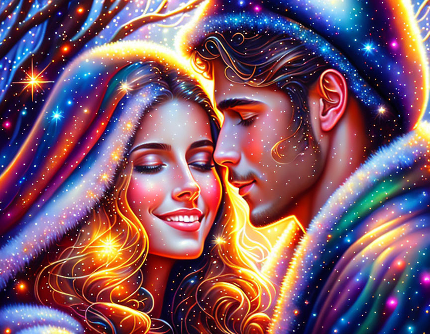 Colorful artwork depicting man and woman in cosmic embrace