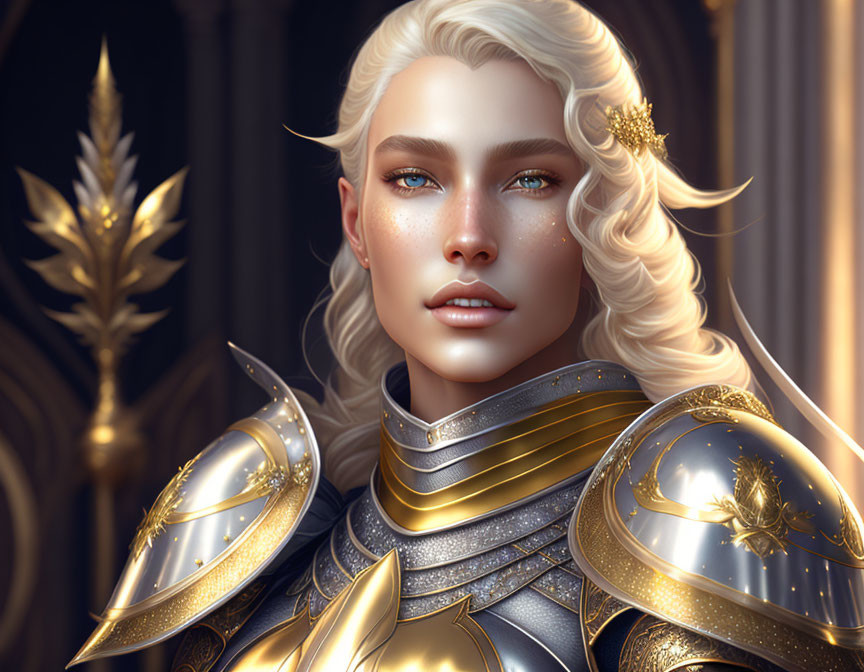 Blonde female warrior in golden armor by grand archway