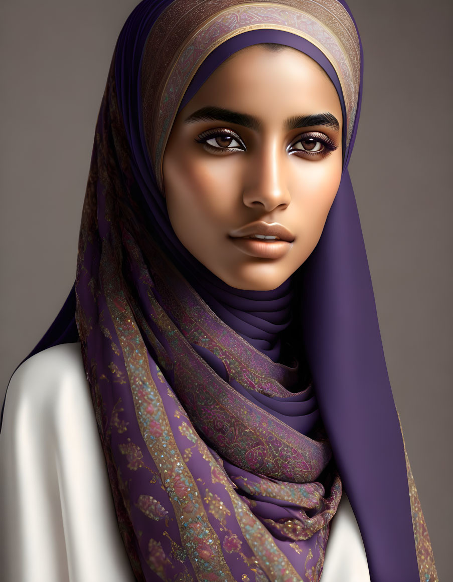 Detailed digital portrait of woman in purple headscarf gazes thoughtfully to her right