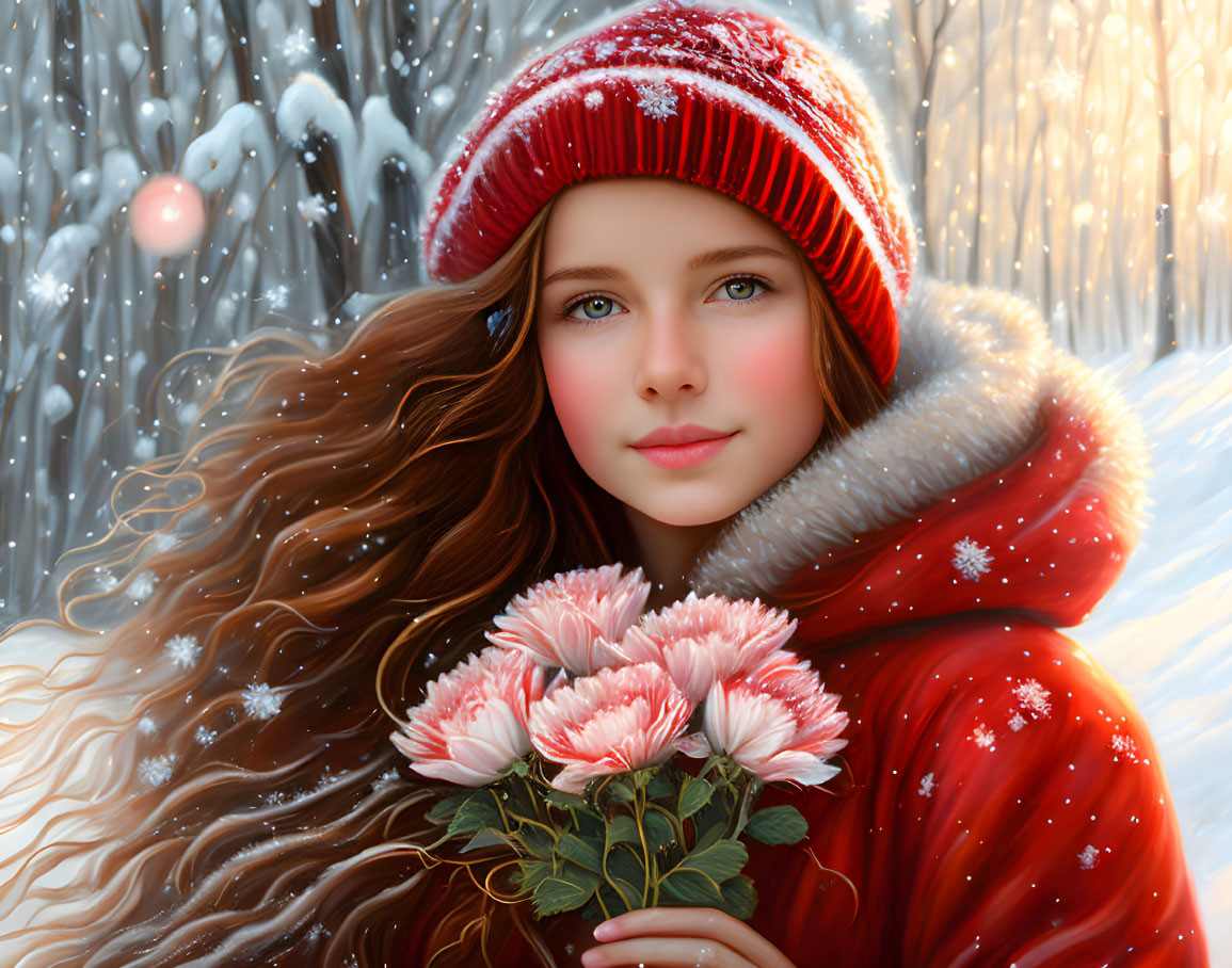 Girl in Red Winter Hat with Pink Flowers in Snowy Scene