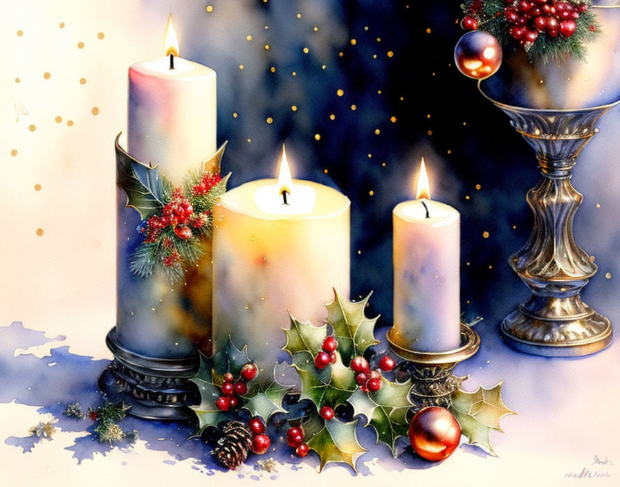 Festive holiday candles with holly berries and snowflakes