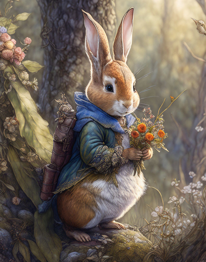 Anthropomorphic rabbit in medieval attire with flowers in peaceful forest.