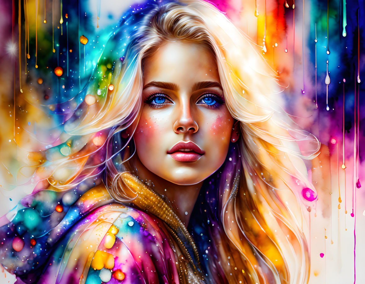 Colorful digital art portrait of a woman with blue eyes in cosmic paint splatter setting