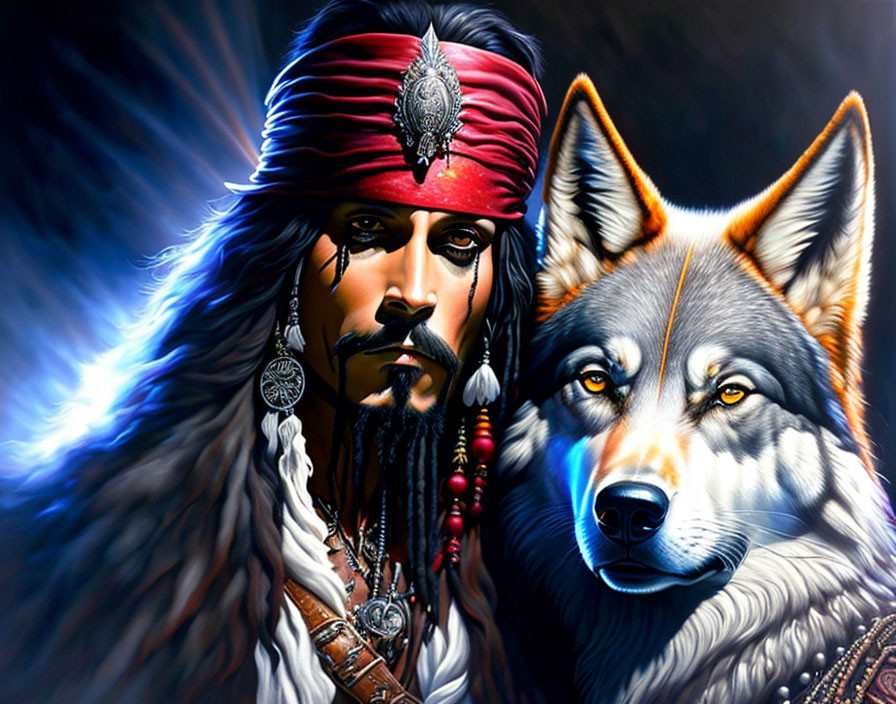 Realistic digital art of man with headband and wolf in vibrant colors