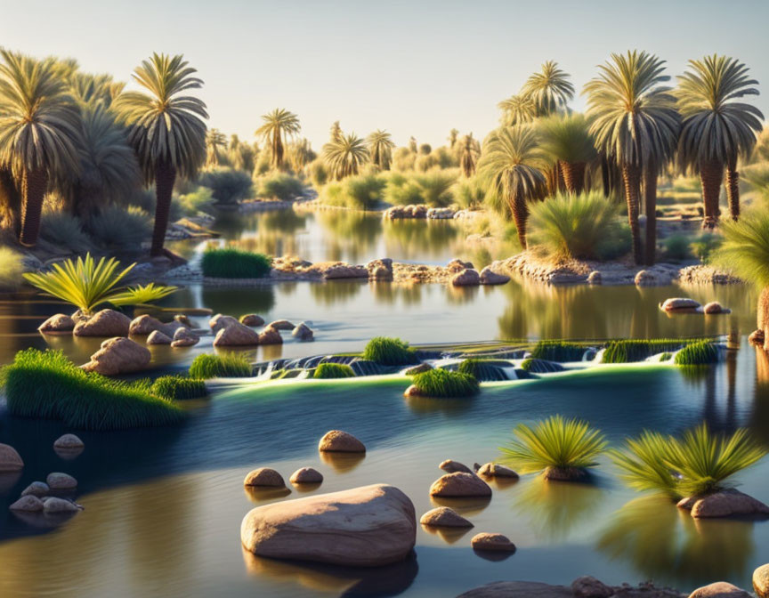 Tranquil Oasis: Palm Trees, Rocks, Greenery, Blue Water Streams