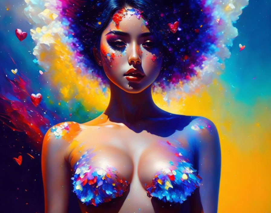 Colorful cosmic hair woman with heart-shaped sparkles on gradient backdrop