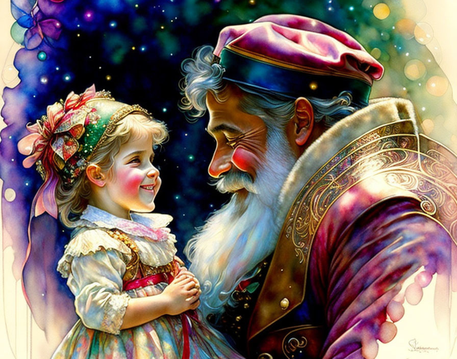 Smiling girl in white dress with joyful man in festive attire on starry backdrop