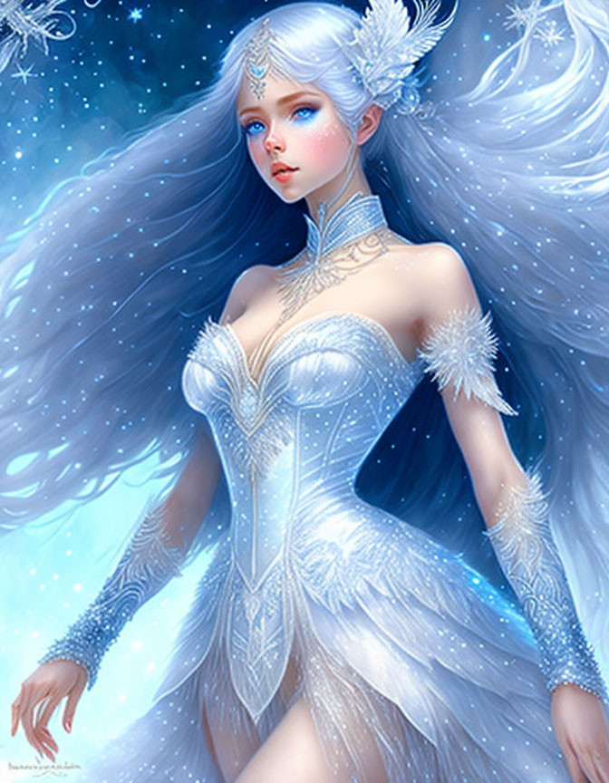 Fantasy Illustration of Woman in Silver Hair & Blue Dress