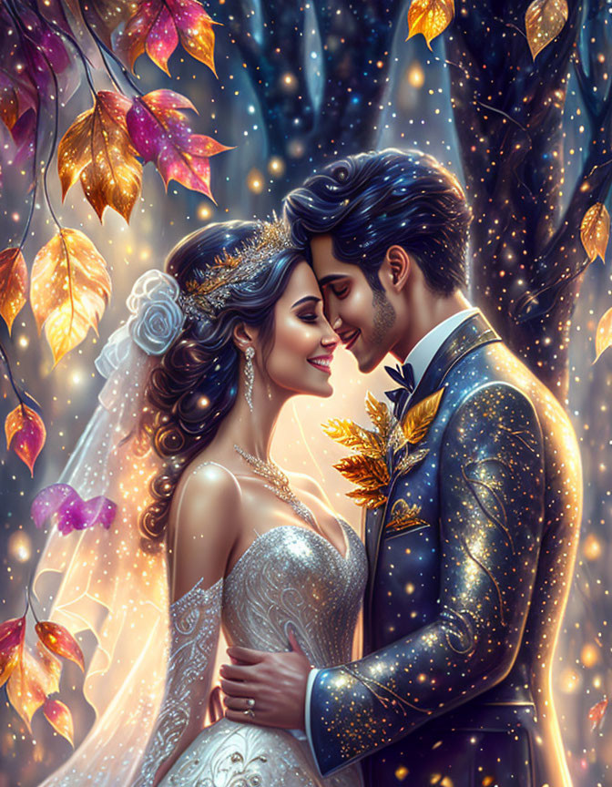 Illustrated bride and groom embrace in mystical forest setting