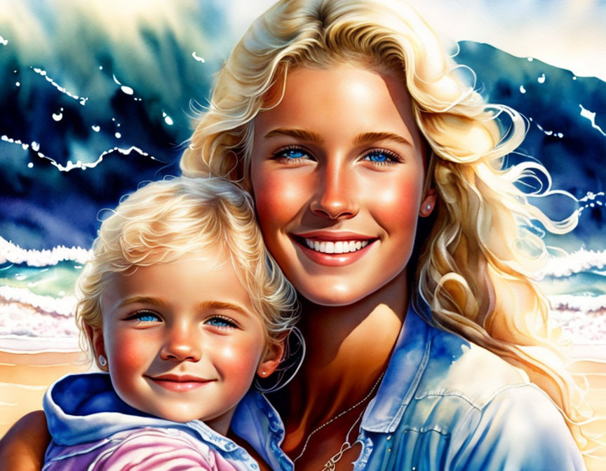 Blond-haired individuals at sunny beach with waves, possibly mother and child.