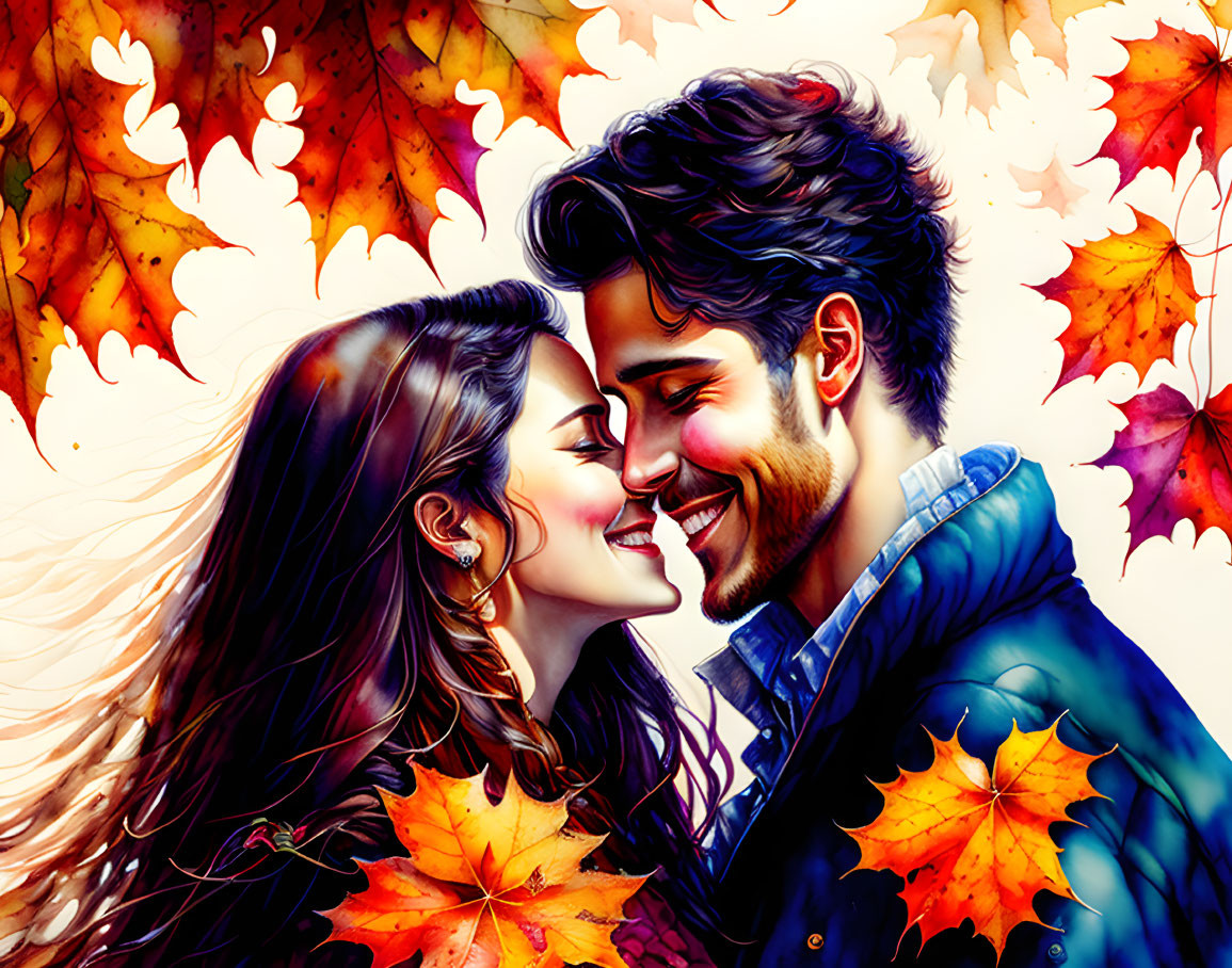 Happy couple in autumn setting with vibrant leaves.