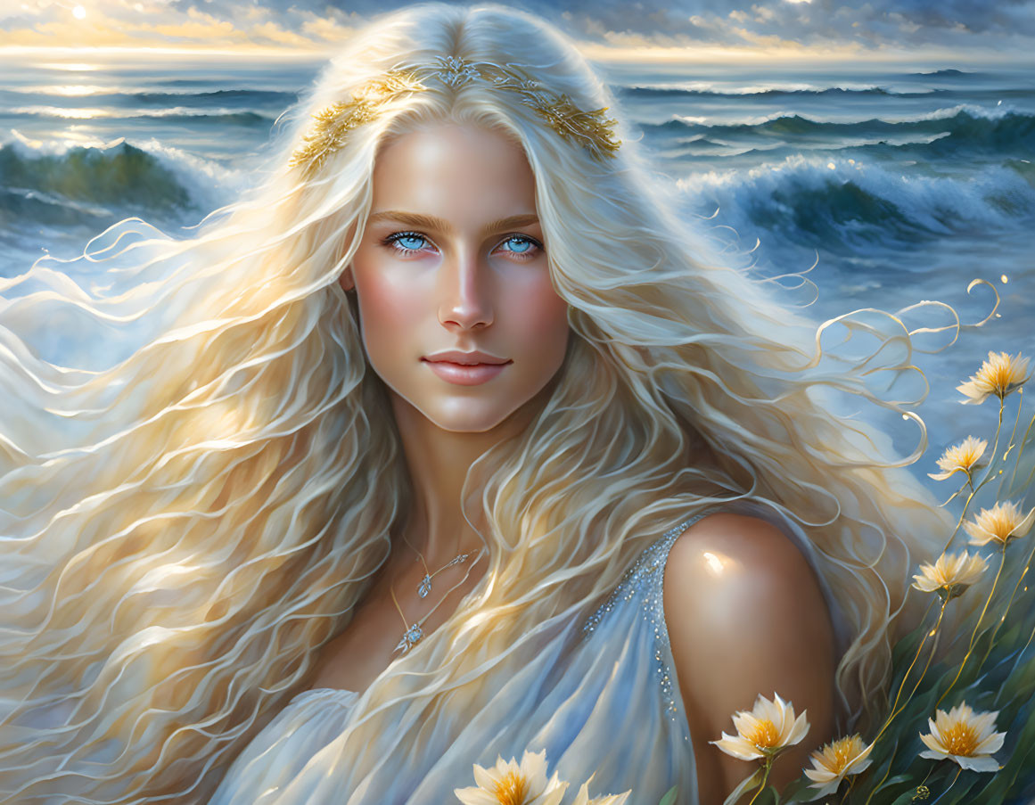 Blond woman with crown in fantasy sea setting