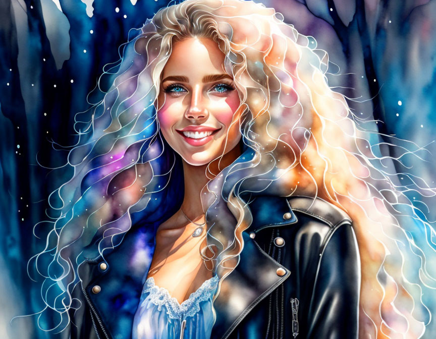 Blonde Woman in Leather Jacket Smiling in Winter Scene