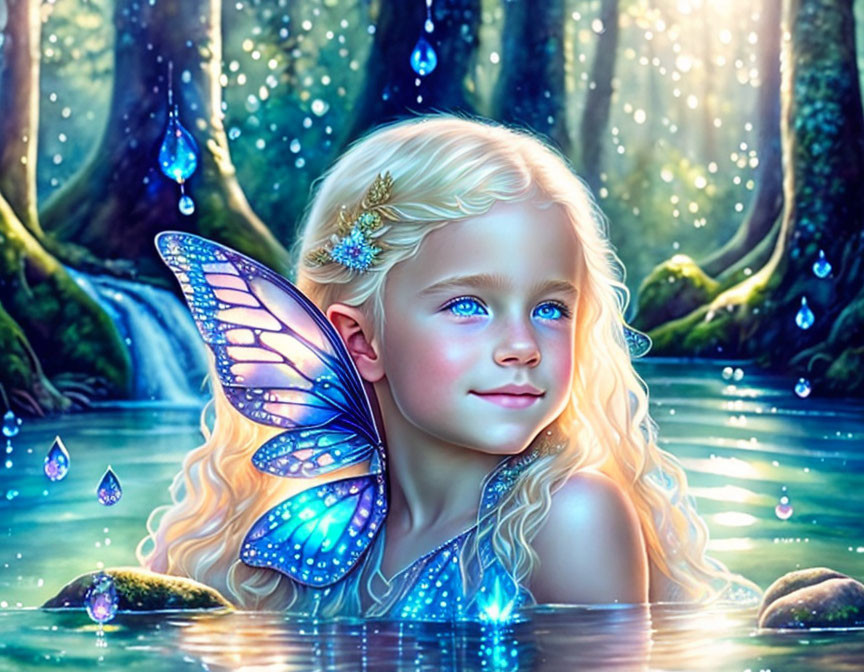 Young girl with butterfly wings in magical forest with water droplets