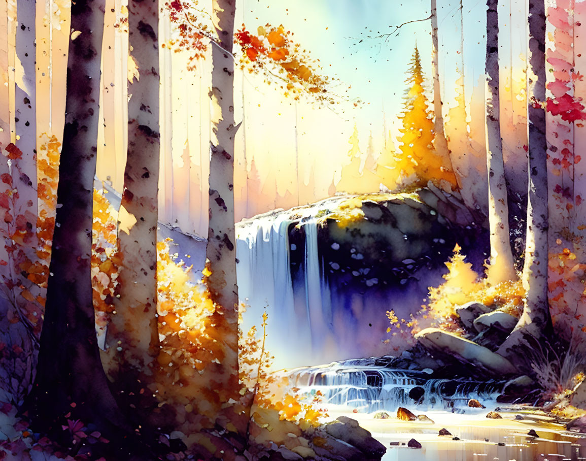 Tranquil forest scene with waterfall and autumn sunbeams