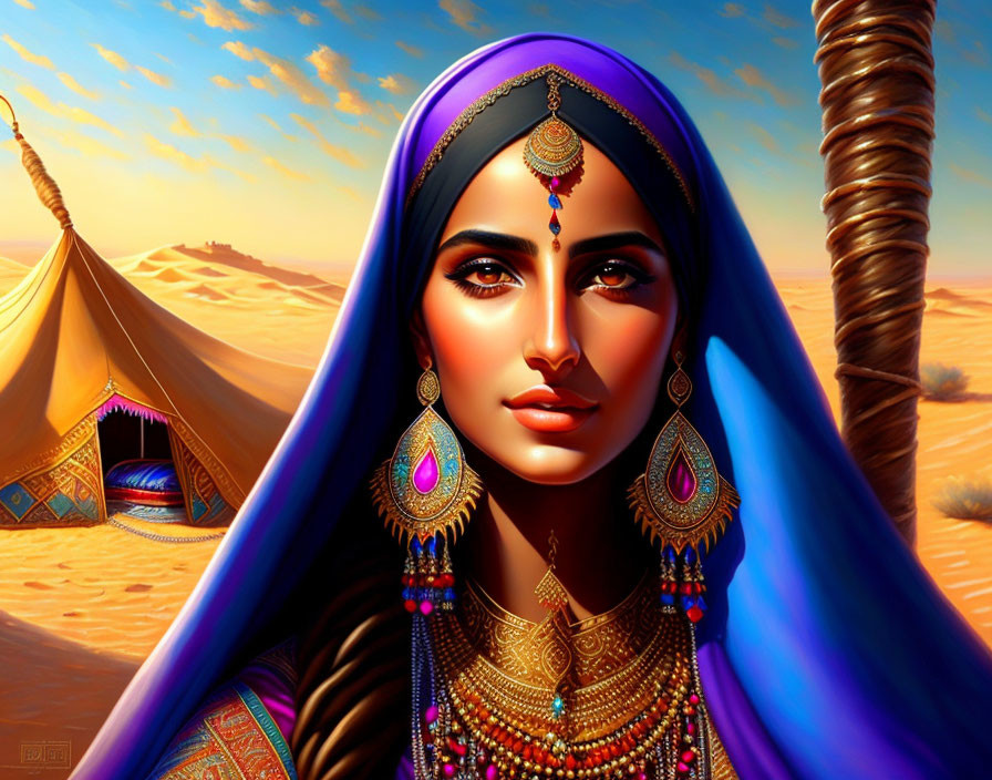 Detailed digital illustration of woman in desert attire with vibrant blue fabric & intricate jewelry in desert camp setting