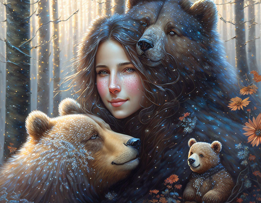 Woman with wavy hair and three bears in mystical forest landscape