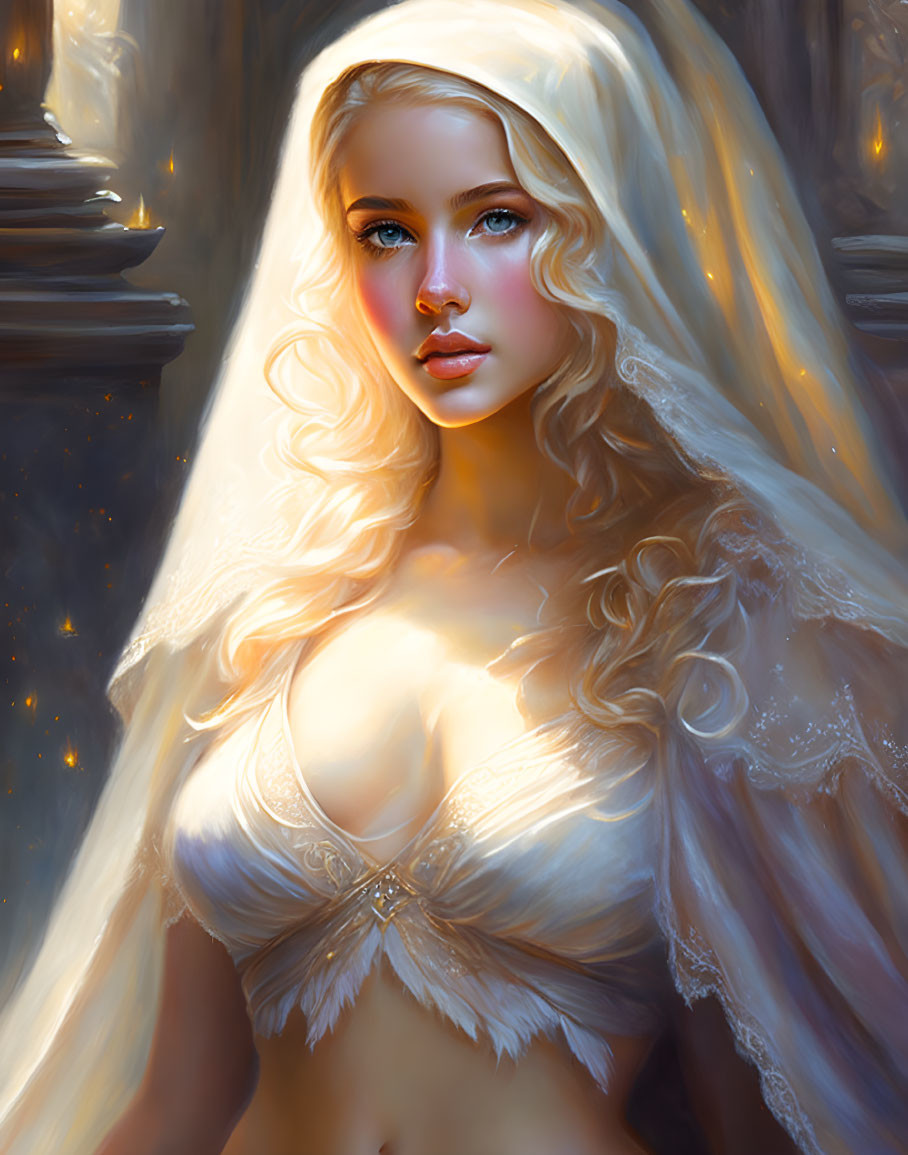 Blonde woman in white dress digital painting