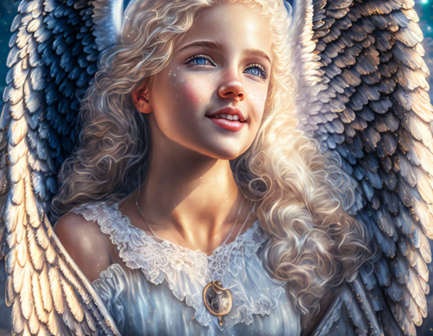 Digital painting of young girl with angelic wings and blonde hair in white dress