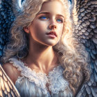 Digital painting of young girl with angelic wings and blonde hair in white dress