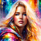 Colorful digital art portrait of a woman with blue eyes in cosmic paint splatter setting