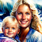 Blond-haired individuals at sunny beach with waves, possibly mother and child.