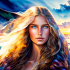 Fantasy artwork of woman with wavy hair in vibrant sunset sky